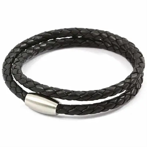 Armbånd   Sort Læder Med Mat Stål