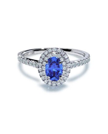 Winston Forlovelsesring Med Blå Oval Safir Og Dobbelt Diamant Halo