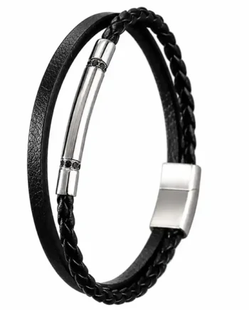 Atlas   Sort Læderarmbånd Med Blanke Ståldetaljer