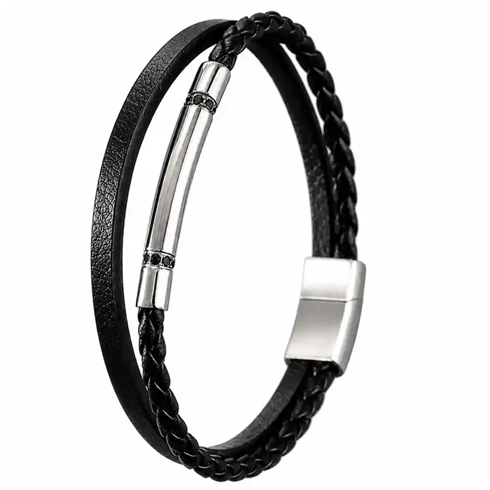 Atlas Sort Læderarmbånd Med Blanke Ståldetaljer