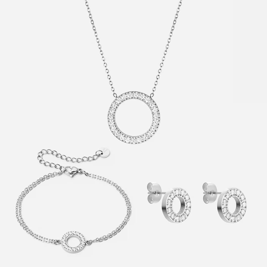 Circle Zirkon Halskæde 20mm  Armbånd 12mm Sølvfarvet   øreringe 10mm Sølvfarvet