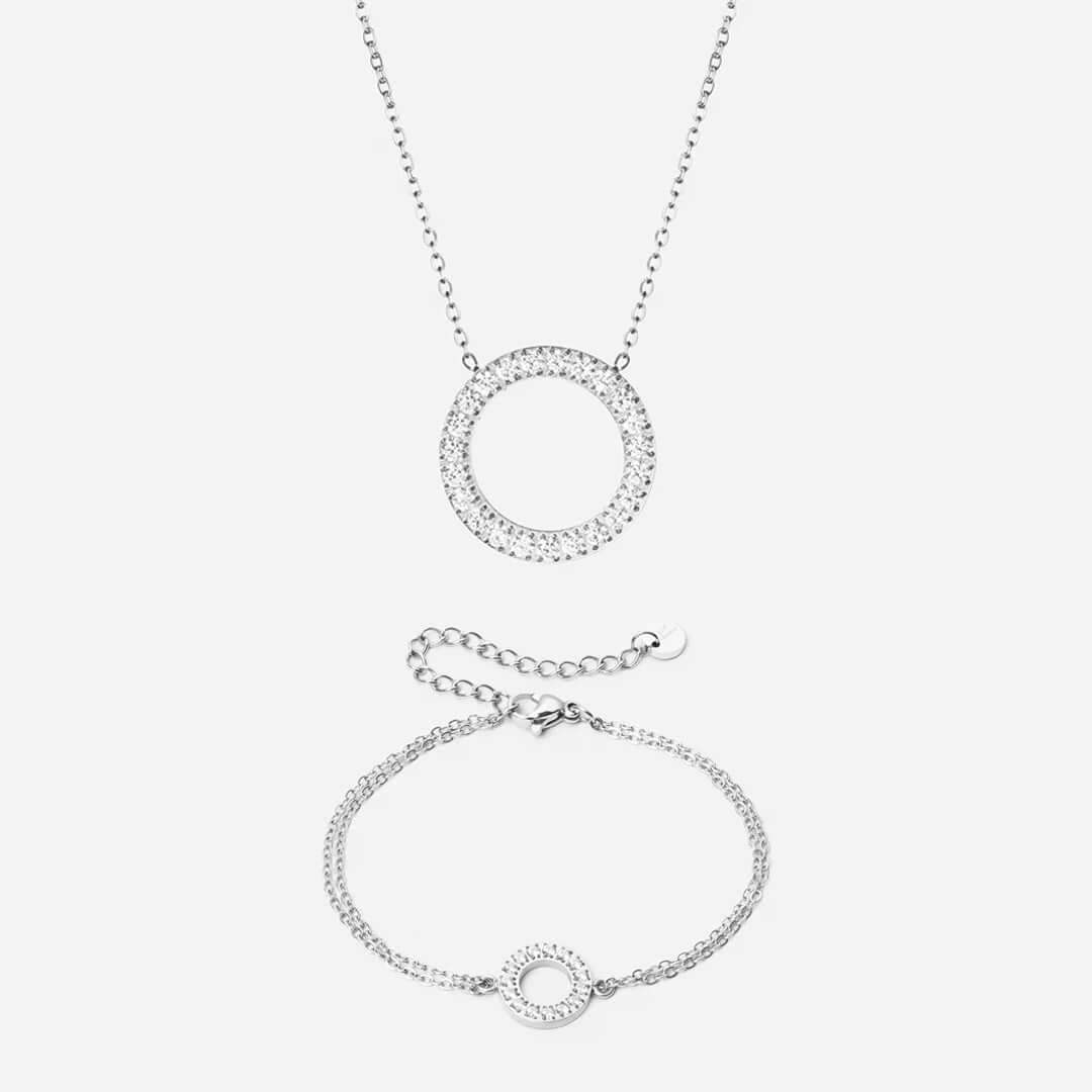 Circle Zirkon Halskæde 20mm   Armbånd 12mm Sølvfarvet