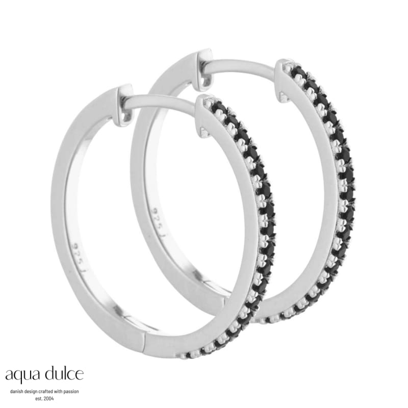 Claire  15 Mm  Smalle Creoler   Sterling Sølv Med Sorte Zirkonia