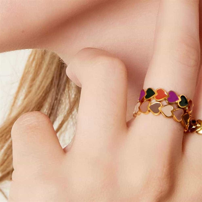 Colorfull Ring   ædelstål Med Hjerter