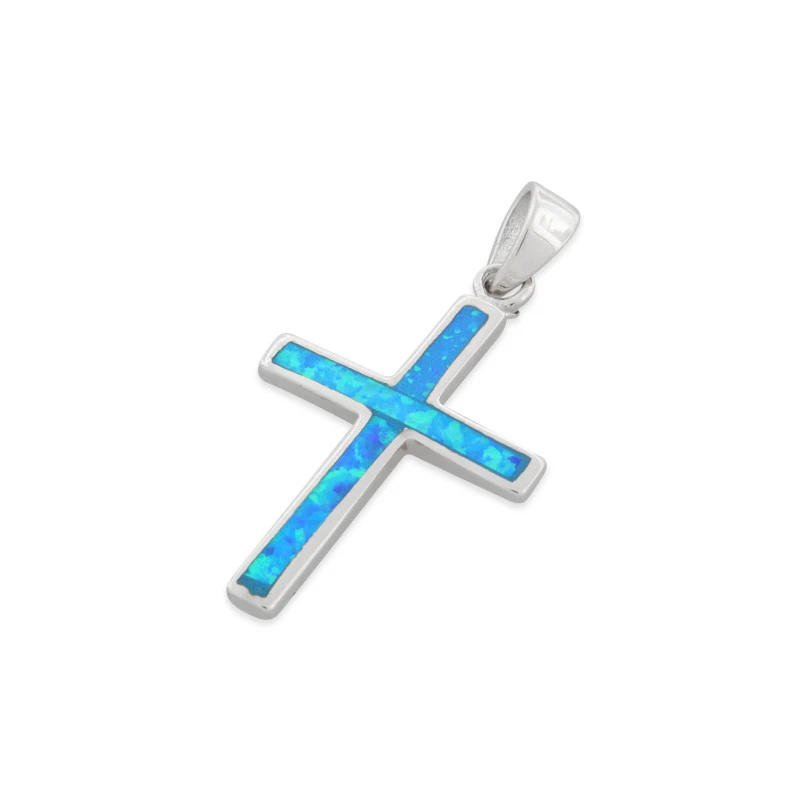 Kors Opal Smykke Vedhæng Med Blå Opal Sten  925 Sterling Sølv   Rhodium Belægning