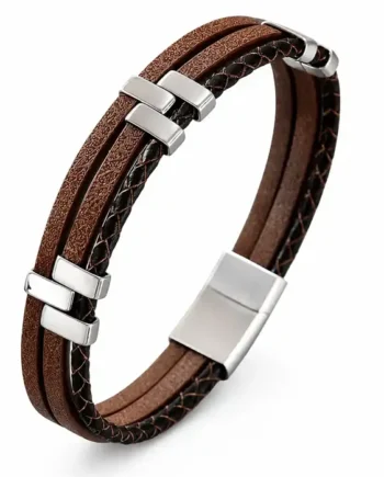 Milano Fusion Brown   Læderarmbånd Med  Rustfrit Stål