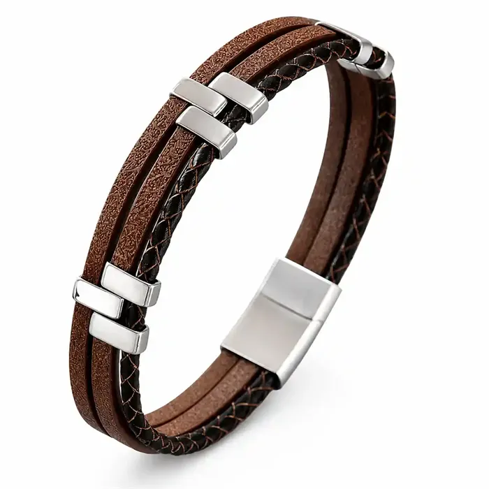 Milano Fusion Brown Læderarmbånd Med Rustfrit Stål