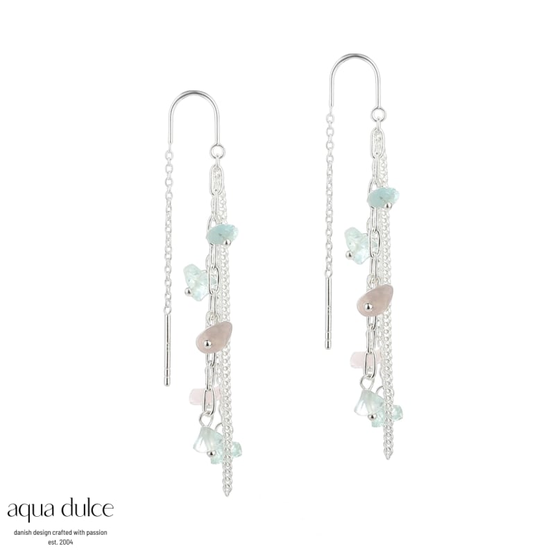 Nugget Earthread  øretråde   Sterling Sølv Med Nuggets Af Aquamarine   Rosaquartz