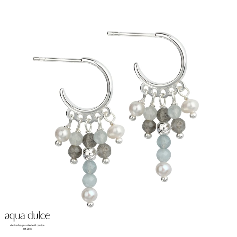 Ocean  12 Mm  Hoops   Sterling Sølv Med Aquamarine  Grå Calcedonia   Ferskvandsperler