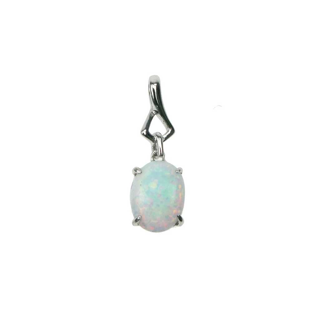 Oval Sølv Smykke Halskæde Med Hvid Sne Opal Sten  925 Sterling Sølv   Rhodium Belægning