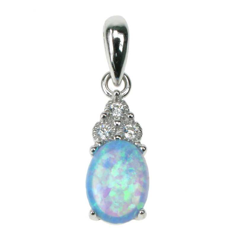 Oval Sølv Smykke Halskæde Vedhæng Med Blå Opal Sten  925 Sterling Sølv  Zirkonia   Rhodium Belægning