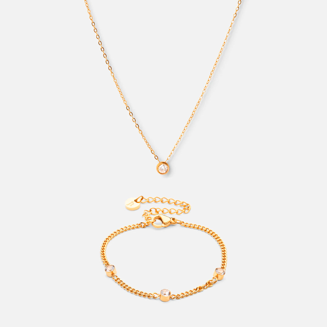Single Zirkon Halskæde   Zirkon Armbånd 18k Guldbelagt