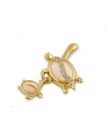 Skildpadde Mor Og Barn Solid 14k Guldsmykke Vedhæng Med Hvid Opal Sten Og Zirkonia