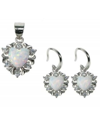 Sne Opal Hjerte Smykkesæt Med øreringe   Vedhæng Med Hvid Sne Opal Sten  925 Sterling Sølv  Zirkonia   Rhodium Belægning