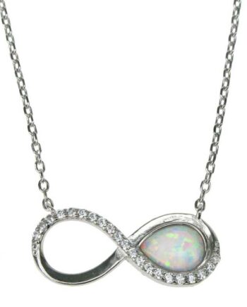 Uendelighed Symbol Med Halskæde  38 Cm    Opal Vedhæng Med Sne  Hvid  Opal Sten  925 Sterling Sølv  Zirkonia   Rhodium Belægning