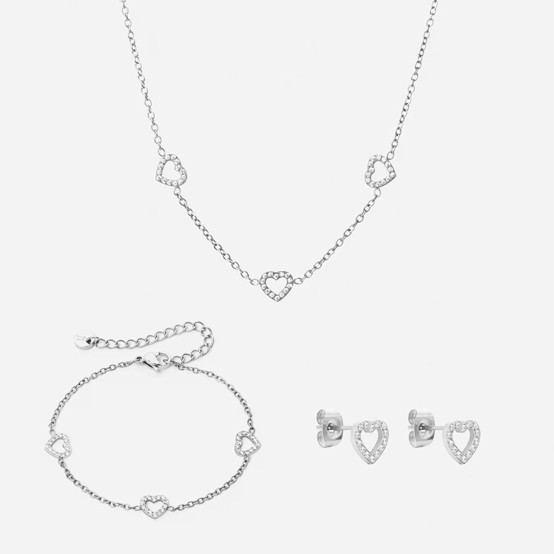 Heart Zirkon Trio Halskæde Armbånd øreringe Sølvfarvet 8mm