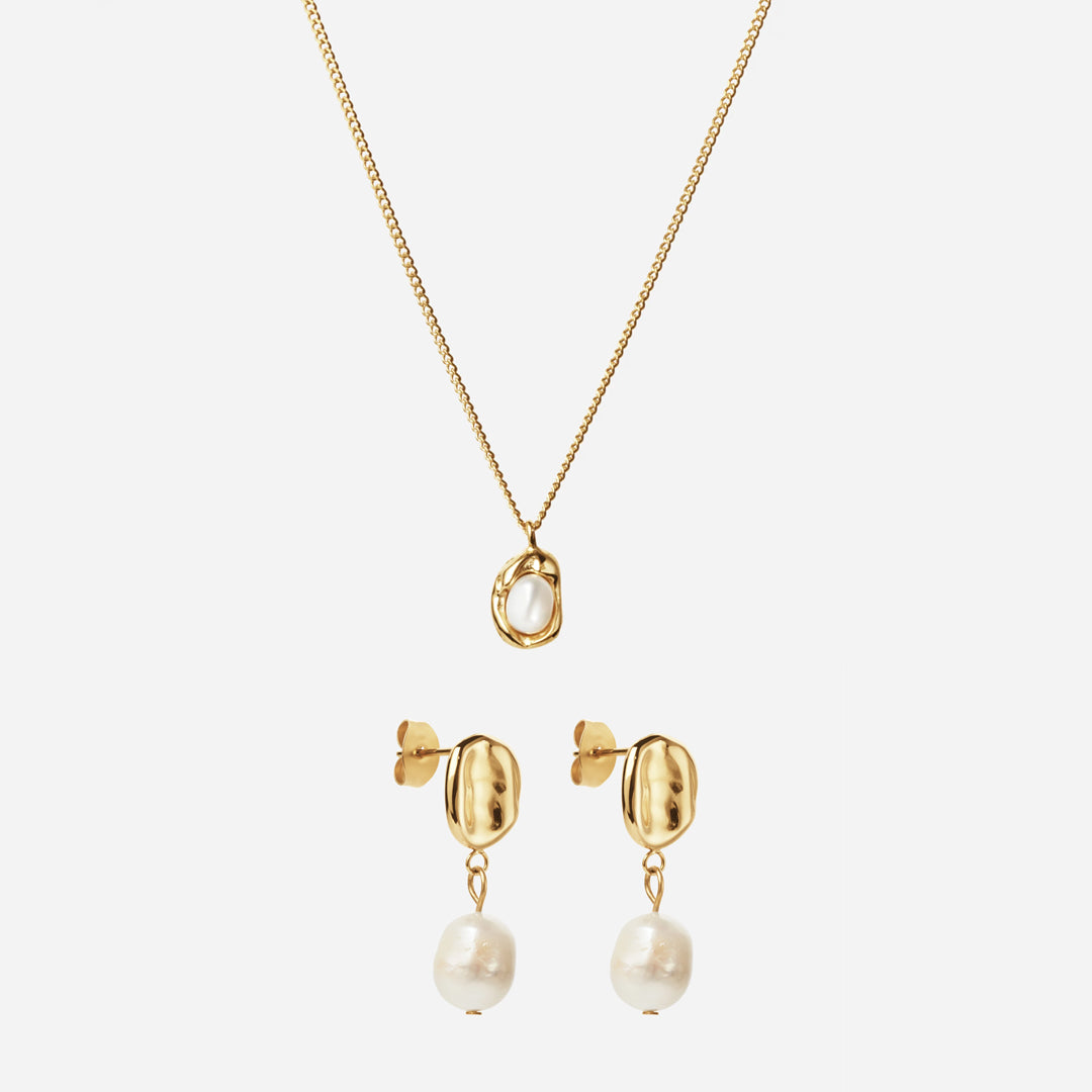 Melted Perlehalskæde Melted Drop Perleøreringe 18k Guldelagt