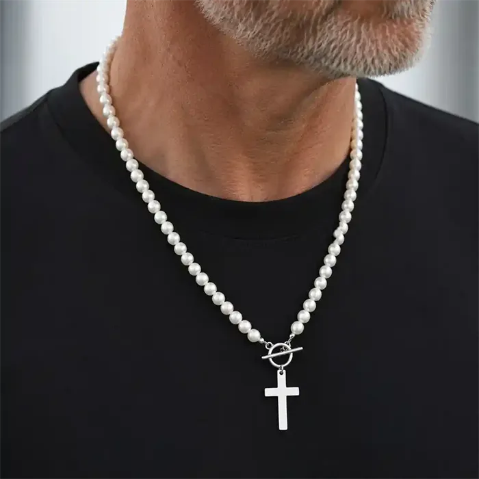 Pearl Cross Necklace   Perlekæde Til Mænd   Rustfrit Stål