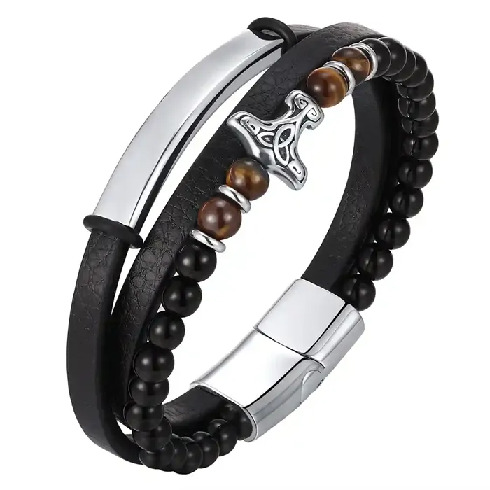 Viking Spirit Armbånd   Sort Læder   Tiger Eye Perler
